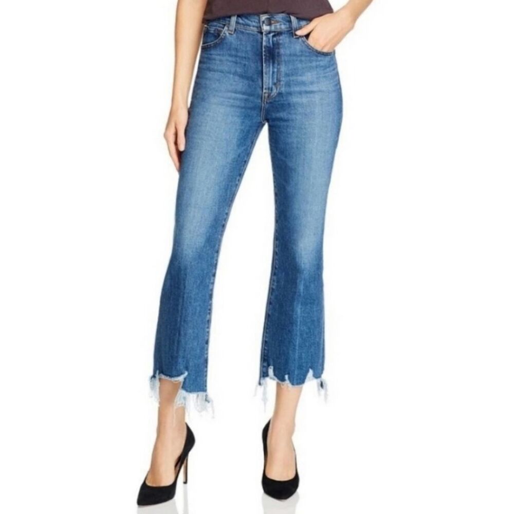 J Brand Julia High Rise Flare Cropped Jeans Raw Hem Blue Denim Wonderland sz 30